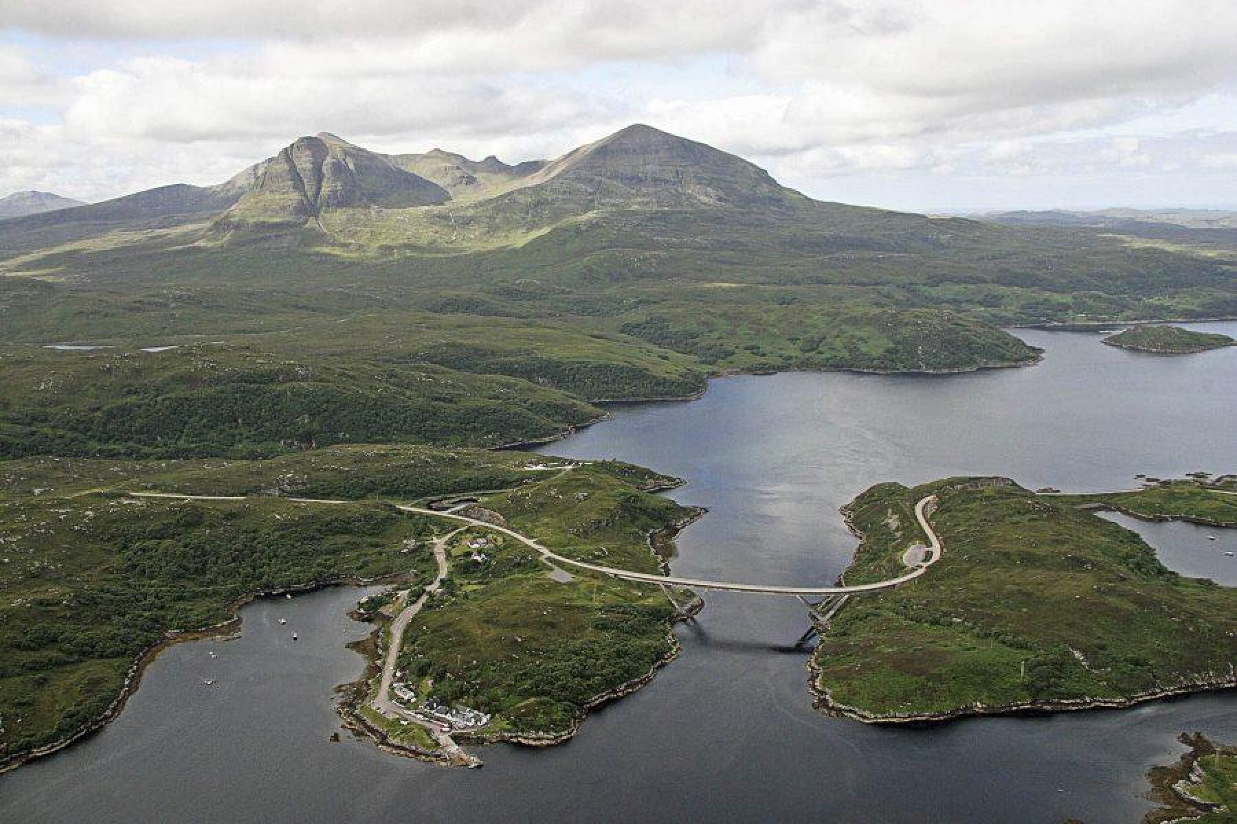 An aerial view of the Kylesku Bridge in the Scottish Highlands