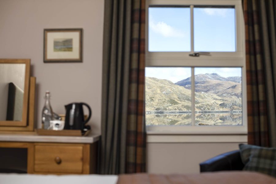 The views over the Highland landscape from one of the windows in our dog friendly accommodation